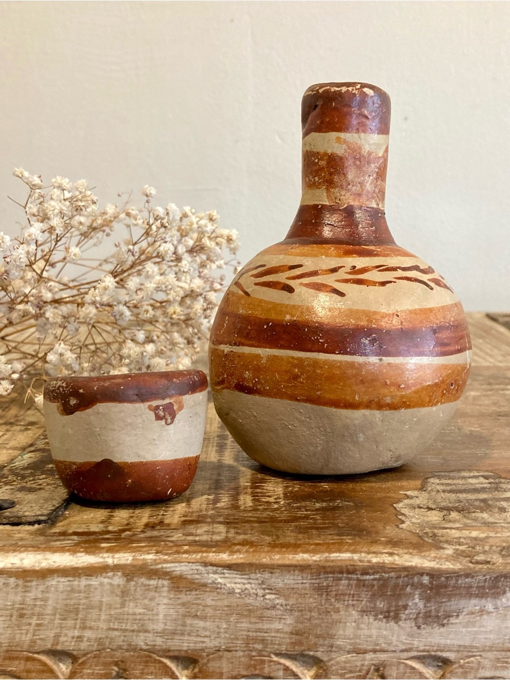 Vintage Rustic Terracotta Decorative Bottle and Cup Set in Earthy Brown & Cream - Picture 7 of 16